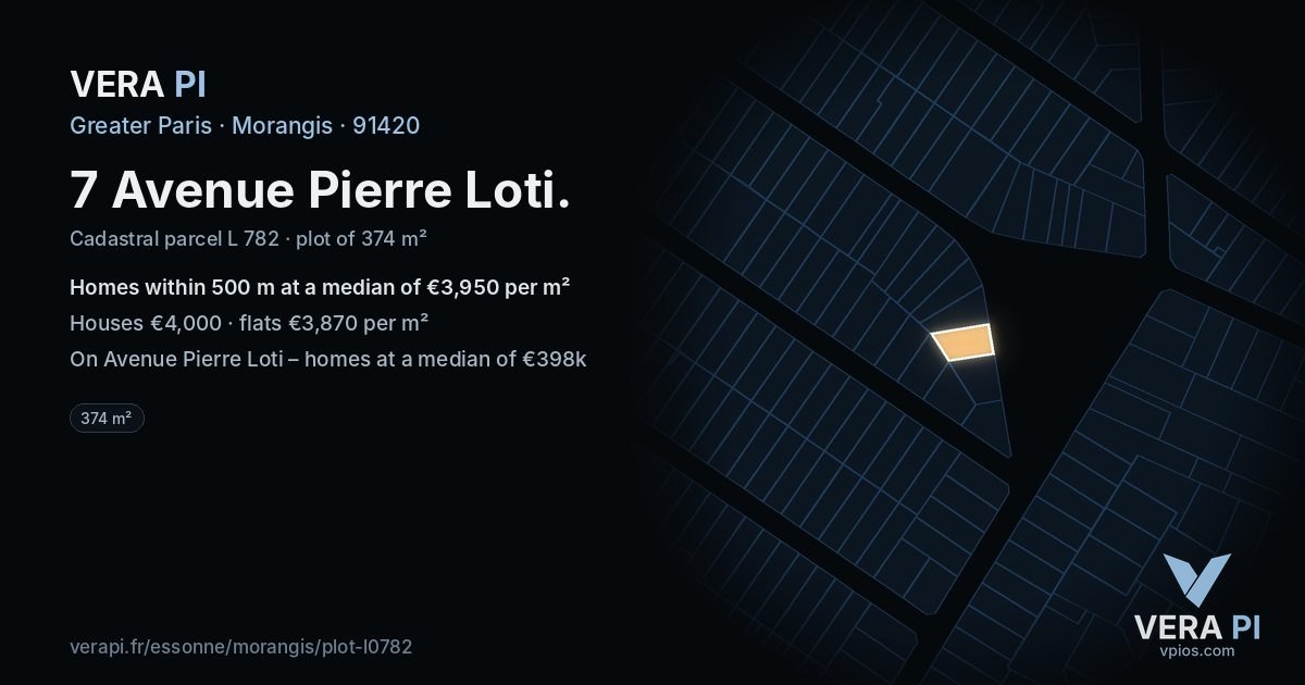 7 Avenue Pierre Loti, Morangis at night – the plot lit, the parcels around coloured by the prices near them