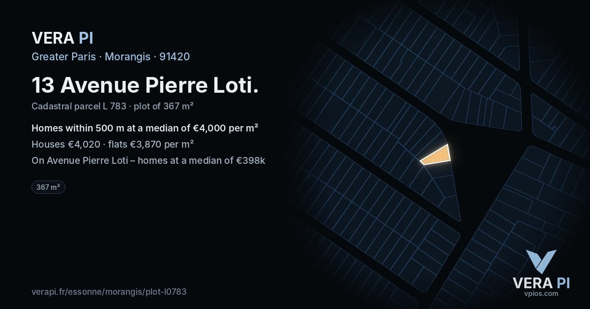 13 Avenue Pierre Loti, Morangis at night – the plot lit, the parcels around coloured by the prices near them