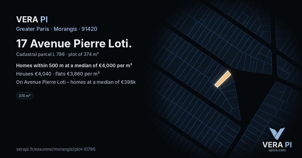 17 Avenue Pierre Loti, Morangis at night – the plot lit, the parcels around coloured by the prices near them