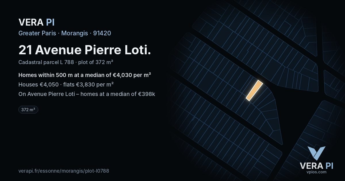 21 Avenue Pierre Loti, Morangis at night – the plot lit, the parcels around coloured by the prices near them