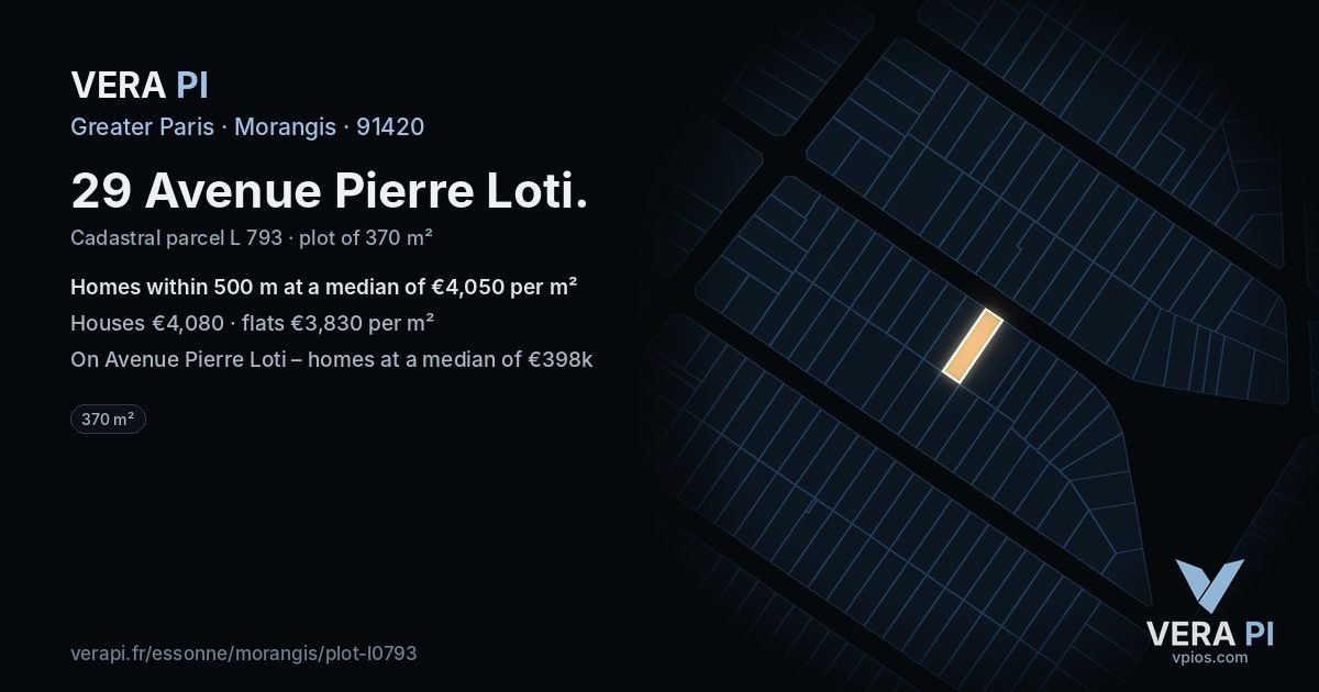 29 Avenue Pierre Loti, Morangis at night – the plot lit, the parcels around coloured by the prices near them