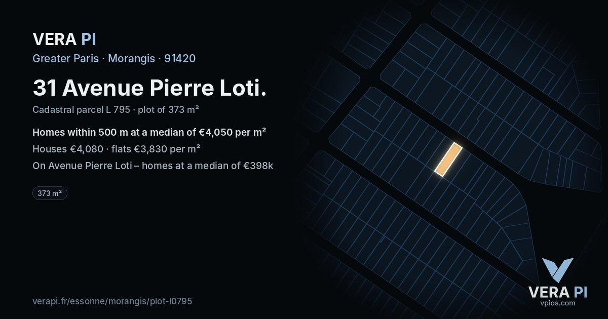 31 Avenue Pierre Loti, Morangis at night – the plot lit, the parcels around coloured by the prices near them