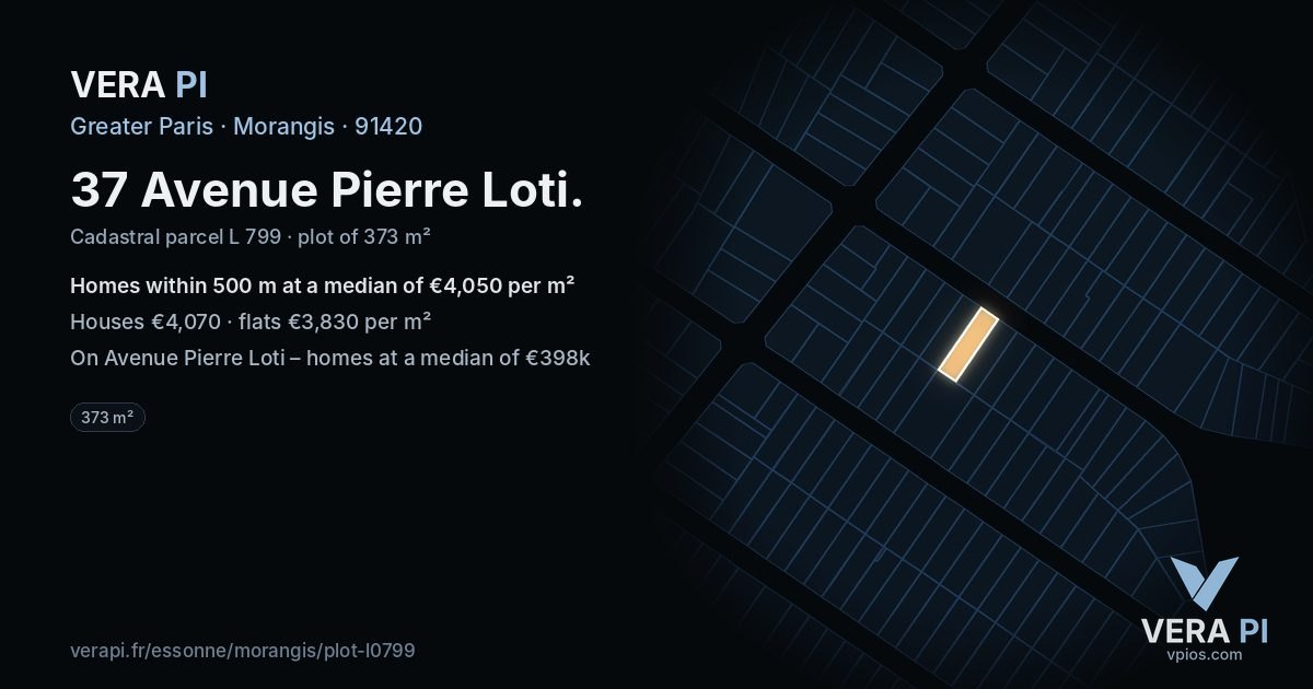 37 Avenue Pierre Loti, Morangis at night – the plot lit, the parcels around coloured by the prices near them