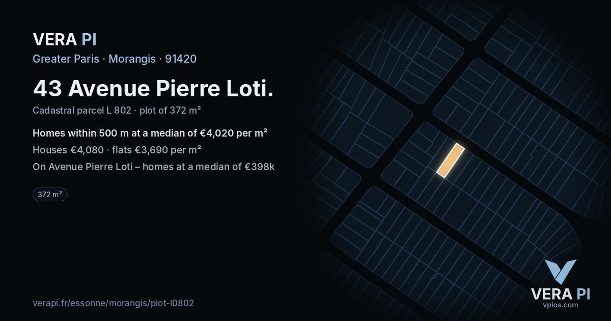 43 Avenue Pierre Loti, Morangis at night – the plot lit, the parcels around coloured by the prices near them