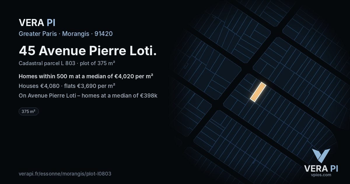 45 Avenue Pierre Loti, Morangis at night – the plot lit, the parcels around coloured by the prices near them