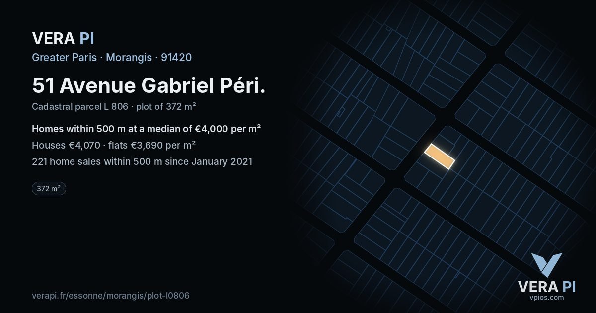 51 Avenue Gabriel Péri, Morangis at night – the plot lit, the parcels around coloured by the prices near them