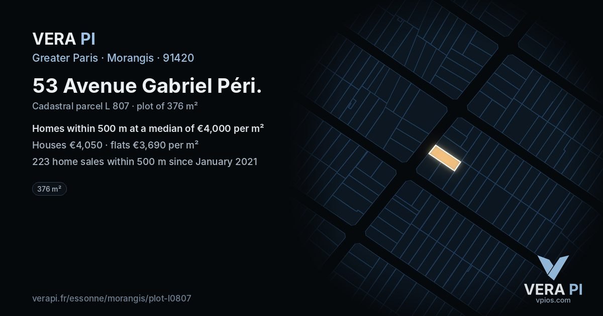 53 Avenue Gabriel Péri, Morangis at night – the plot lit, the parcels around coloured by the prices near them