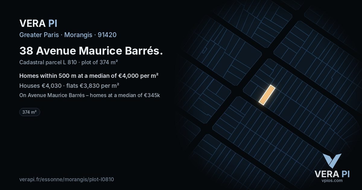 38 Avenue Maurice Barrés, Morangis at night – the plot lit, the parcels around coloured by the prices near them