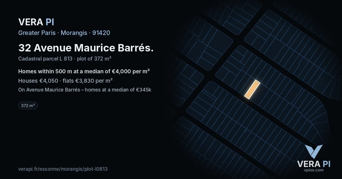 32 Avenue Maurice Barrés, Morangis at night – the plot lit, the parcels around coloured by the prices near them
