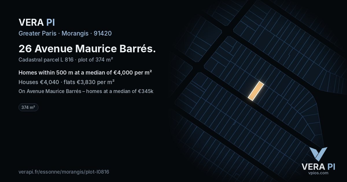 26 Avenue Maurice Barrés, Morangis at night – the plot lit, the parcels around coloured by the prices near them