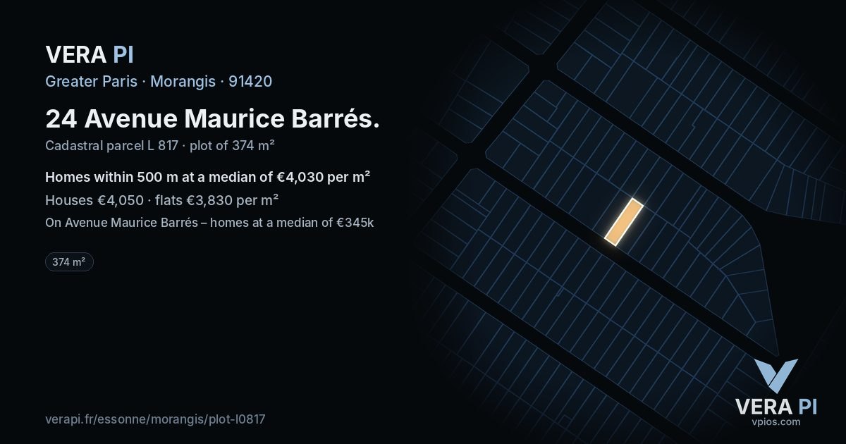 24 Avenue Maurice Barrés, Morangis at night – the plot lit, the parcels around coloured by the prices near them