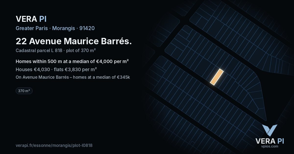 22 Avenue Maurice Barrés, Morangis at night – the plot lit, the parcels around coloured by the prices near them