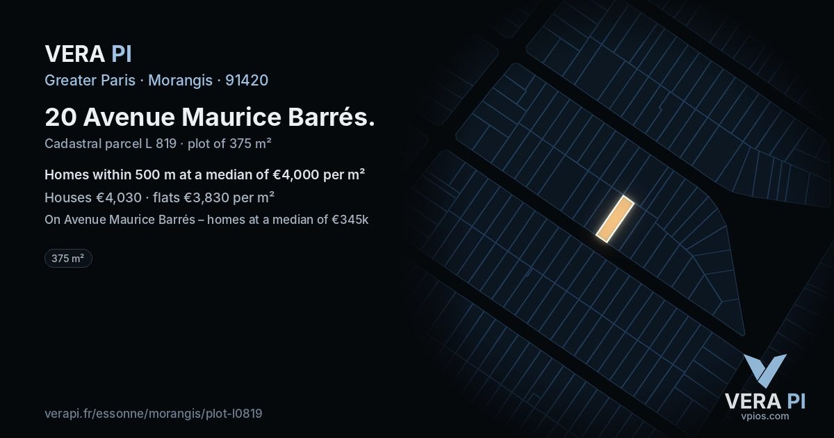 20 Avenue Maurice Barrés, Morangis at night – the plot lit, the parcels around coloured by the prices near them