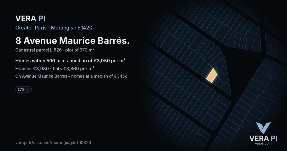 8 Avenue Maurice Barrés, Morangis at night – the plot lit, the parcels around coloured by the prices near them