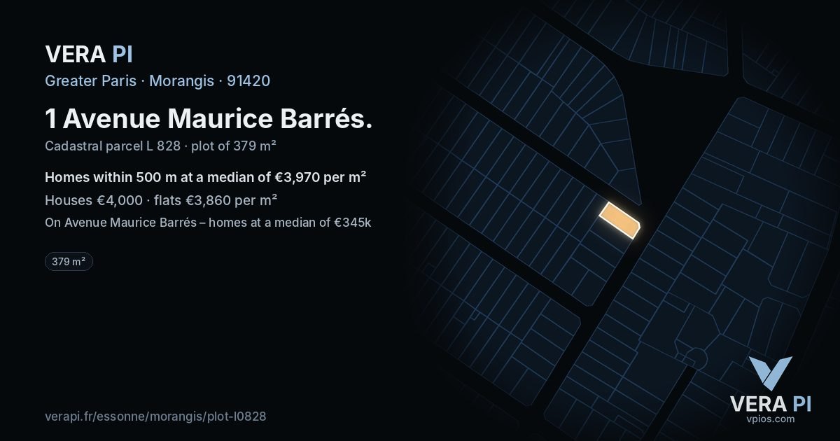 1 Avenue Maurice Barrés, Morangis at night – the plot lit, the parcels around coloured by the prices near them