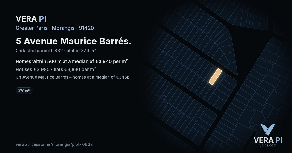 5 Avenue Maurice Barrés, Morangis at night – the plot lit, the parcels around coloured by the prices near them