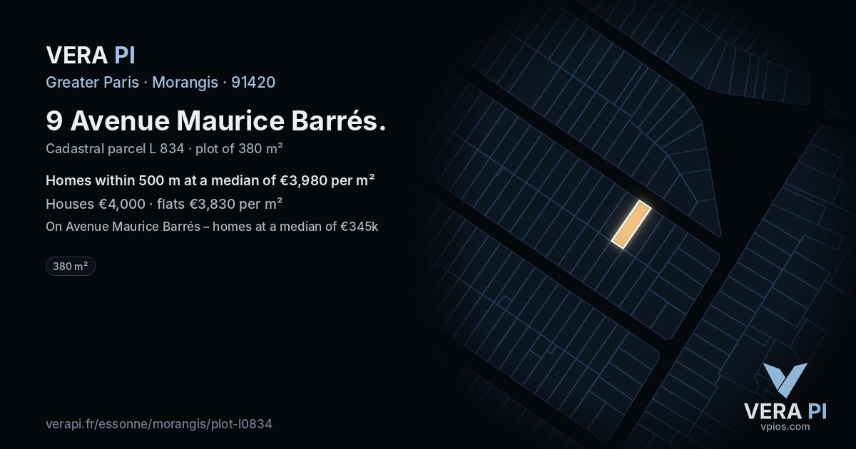 9 Avenue Maurice Barrés, Morangis at night – the plot lit, the parcels around coloured by the prices near them