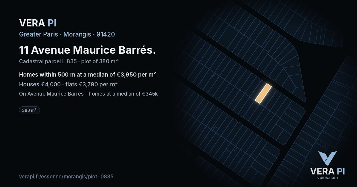 11 Avenue Maurice Barrés, Morangis at night – the plot lit, the parcels around coloured by the prices near them