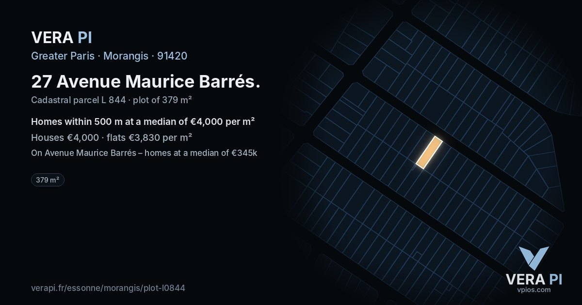 27 Avenue Maurice Barrés, Morangis at night – the plot lit, the parcels around coloured by the prices near them