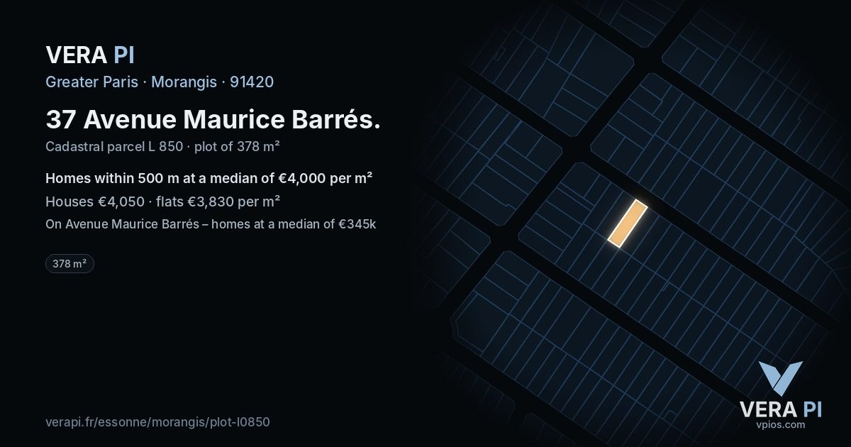 37 Avenue Maurice Barrés, Morangis at night – the plot lit, the parcels around coloured by the prices near them
