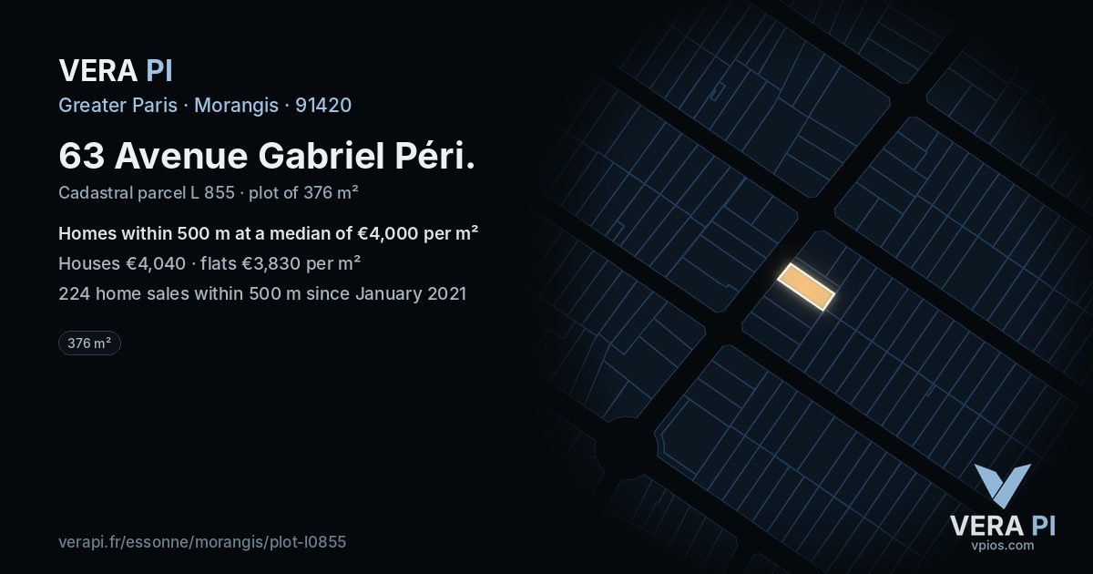 63 Avenue Gabriel Péri, Morangis at night – the plot lit, the parcels around coloured by the prices near them