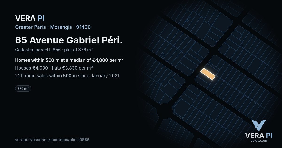 65 Avenue Gabriel Péri, Morangis at night – the plot lit, the parcels around coloured by the prices near them