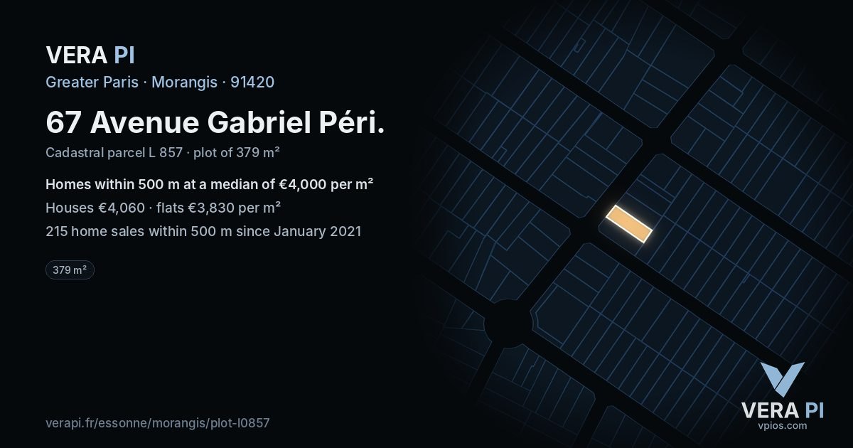 67 Avenue Gabriel Péri, Morangis at night – the plot lit, the parcels around coloured by the prices near them