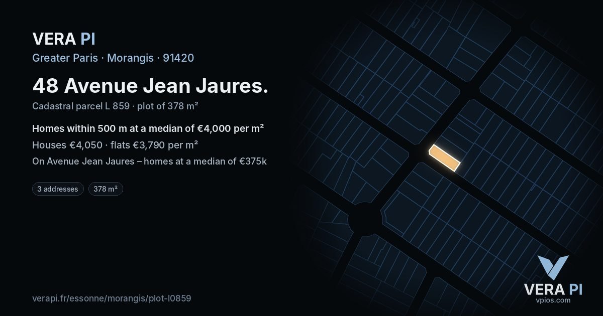 48 Avenue Jean Jaures, Morangis at night – the plot lit, the parcels around coloured by the prices near them