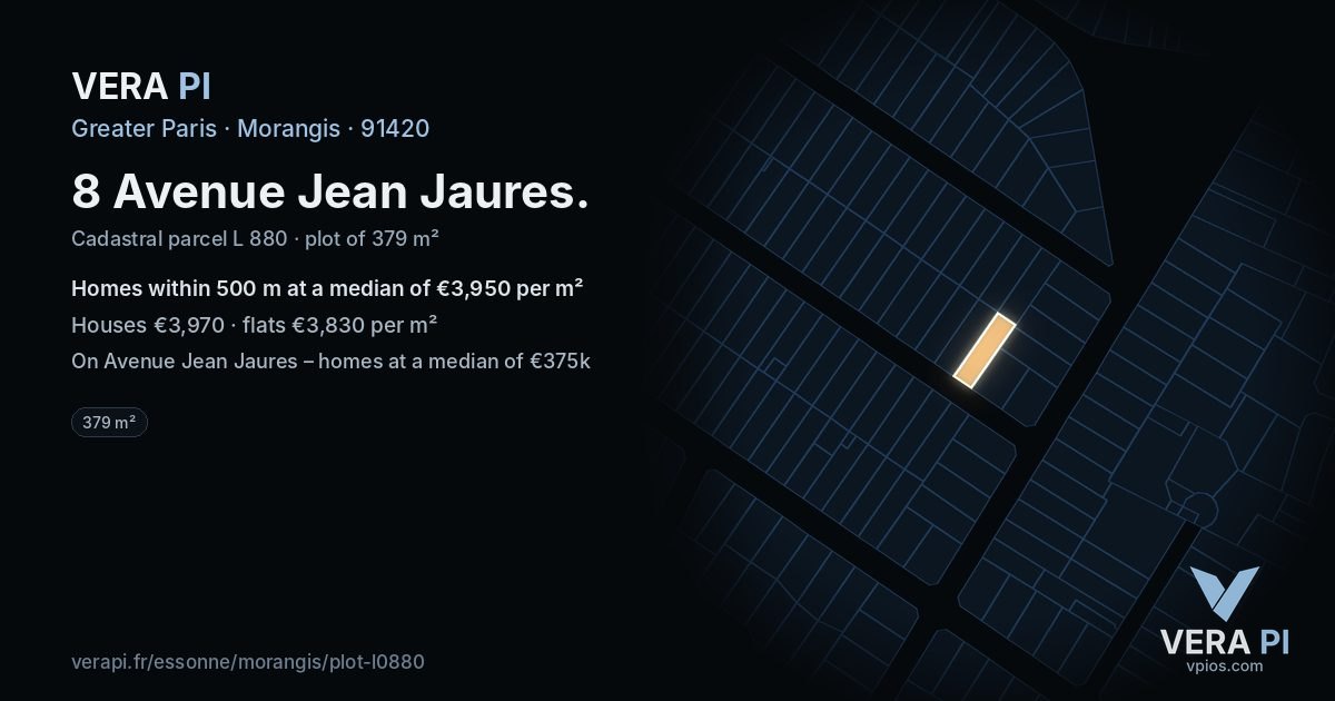 8 Avenue Jean Jaures, Morangis at night – the plot lit, the parcels around coloured by the prices near them