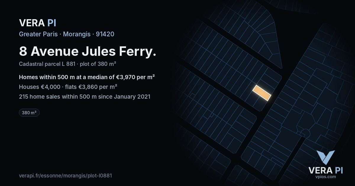 8 Avenue Jules Ferry, Morangis at night – the plot lit, the parcels around coloured by the prices near them
