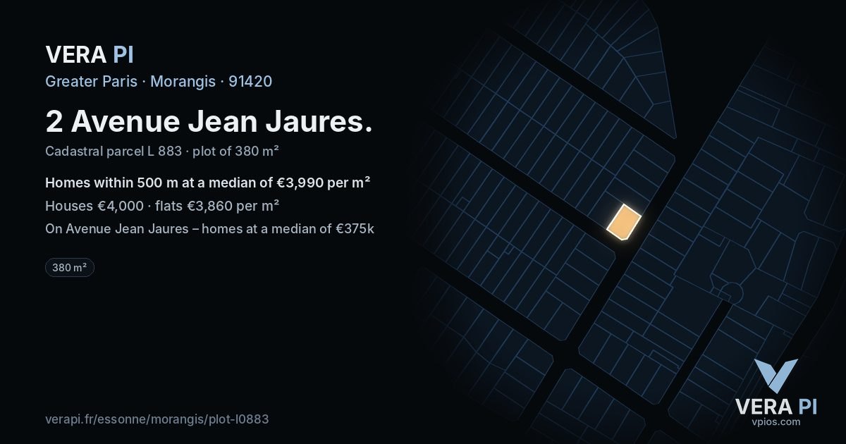 2 Avenue Jean Jaures, Morangis at night – the plot lit, the parcels around coloured by the prices near them