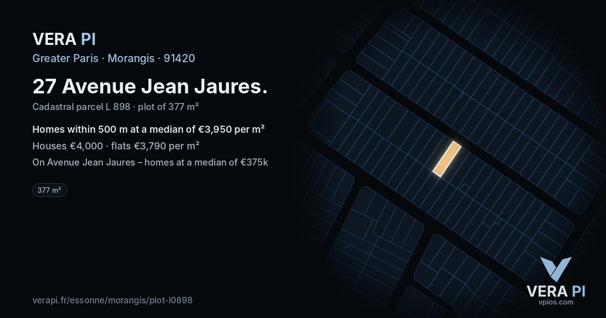 27 Avenue Jean Jaures, Morangis at night – the plot lit, the parcels around coloured by the prices near them