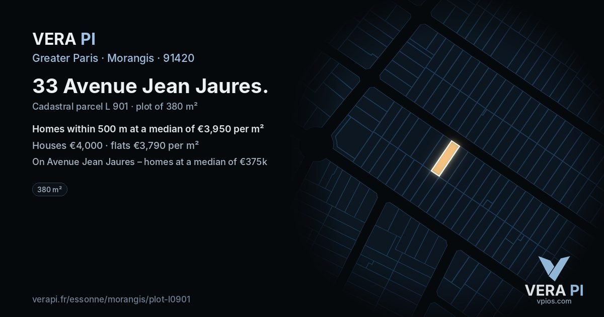 33 Avenue Jean Jaures, Morangis at night – the plot lit, the parcels around coloured by the prices near them