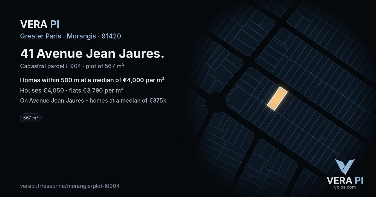 41 Avenue Jean Jaures, Morangis at night – the plot lit, the parcels around coloured by the prices near them