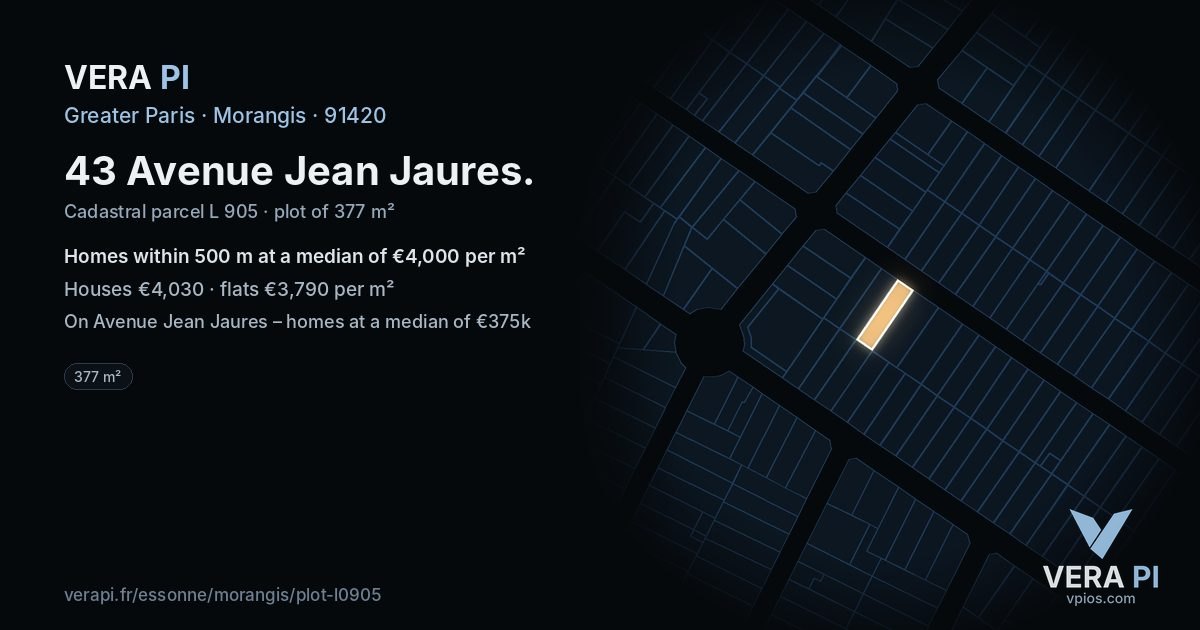43 Avenue Jean Jaures, Morangis at night – the plot lit, the parcels around coloured by the prices near them