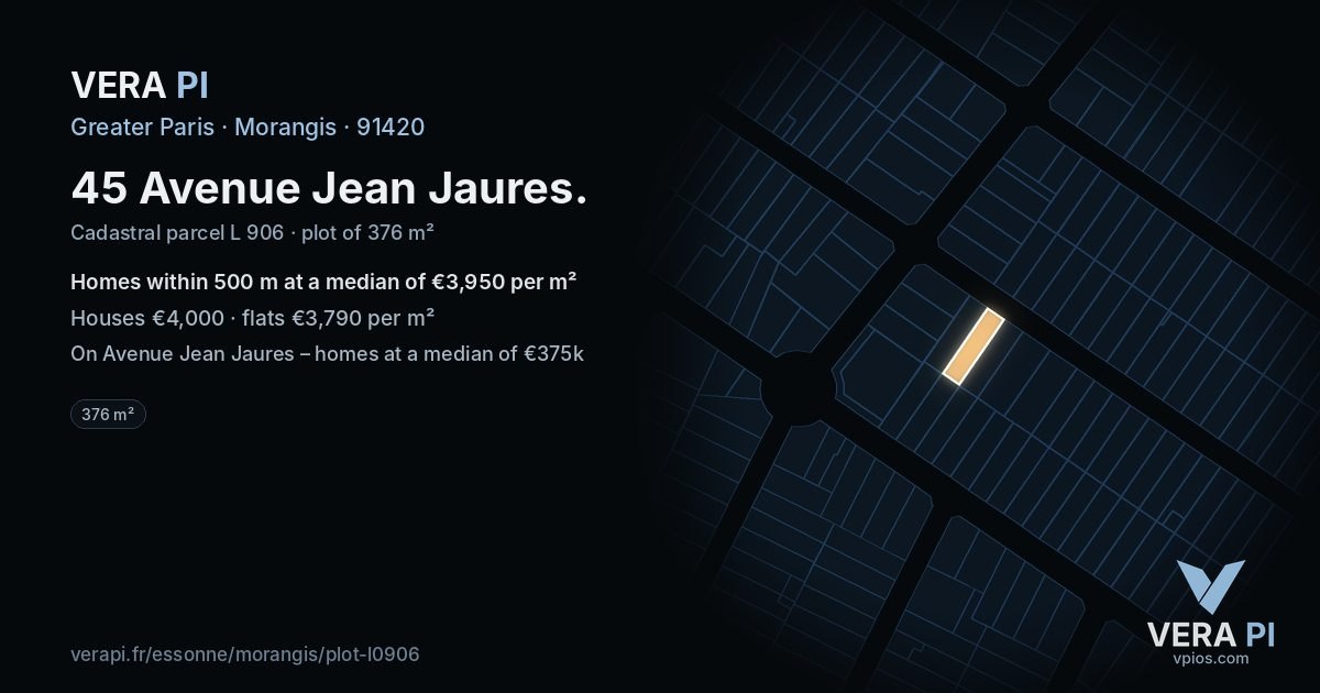 45 Avenue Jean Jaures, Morangis at night – the plot lit, the parcels around coloured by the prices near them