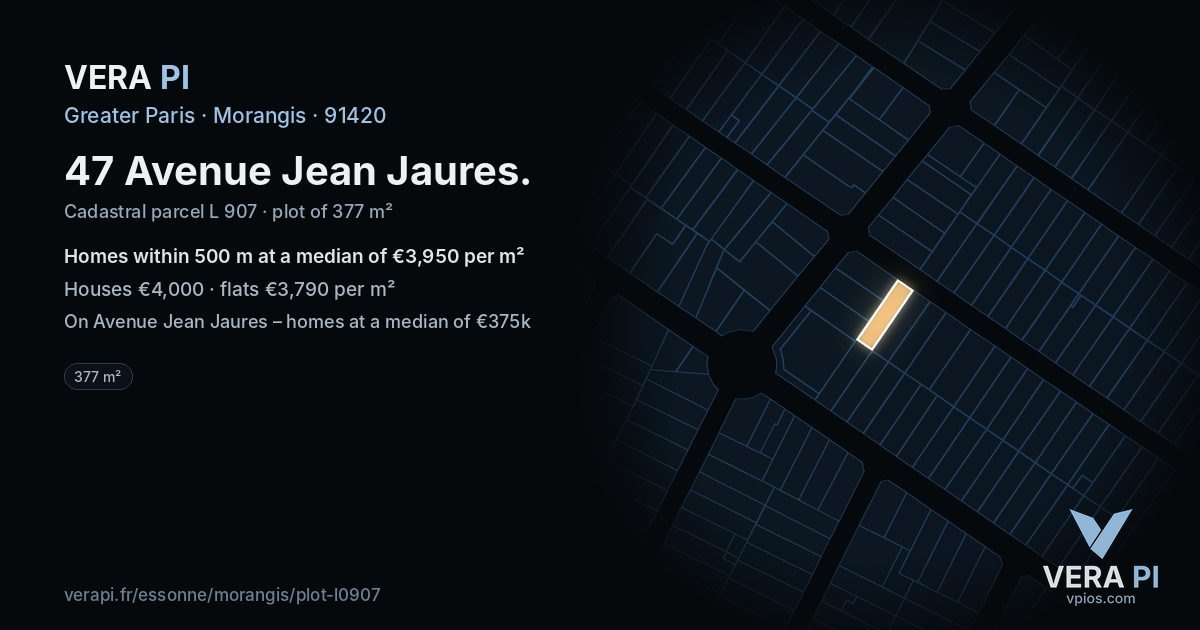 47 Avenue Jean Jaures, Morangis at night – the plot lit, the parcels around coloured by the prices near them