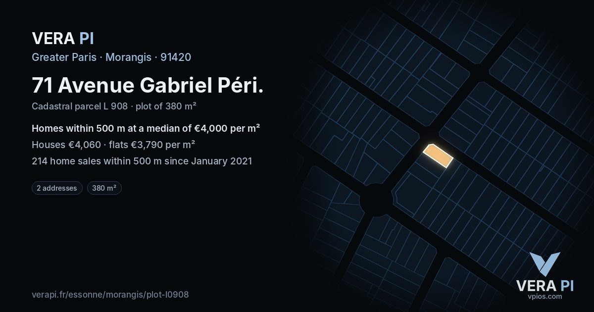 71 Avenue Gabriel Péri, Morangis at night – the plot lit, the parcels around coloured by the prices near them
