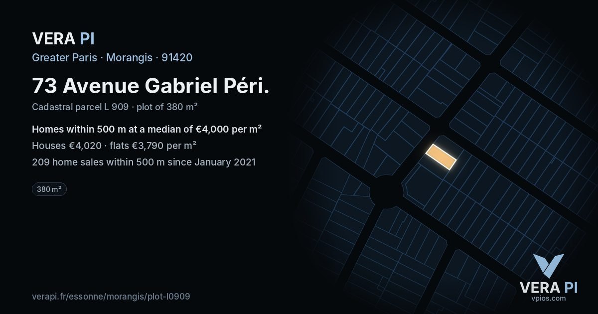 73 Avenue Gabriel Péri, Morangis at night – the plot lit, the parcels around coloured by the prices near them