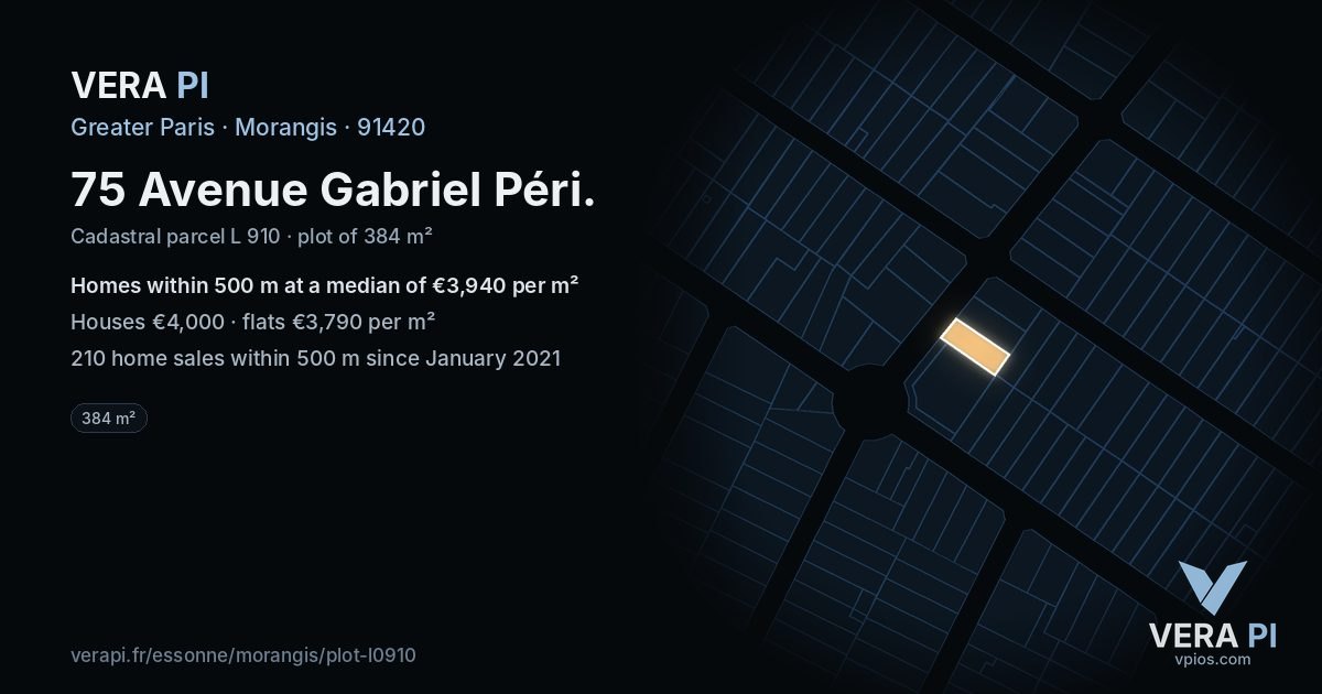 75 Avenue Gabriel Péri, Morangis at night – the plot lit, the parcels around coloured by the prices near them