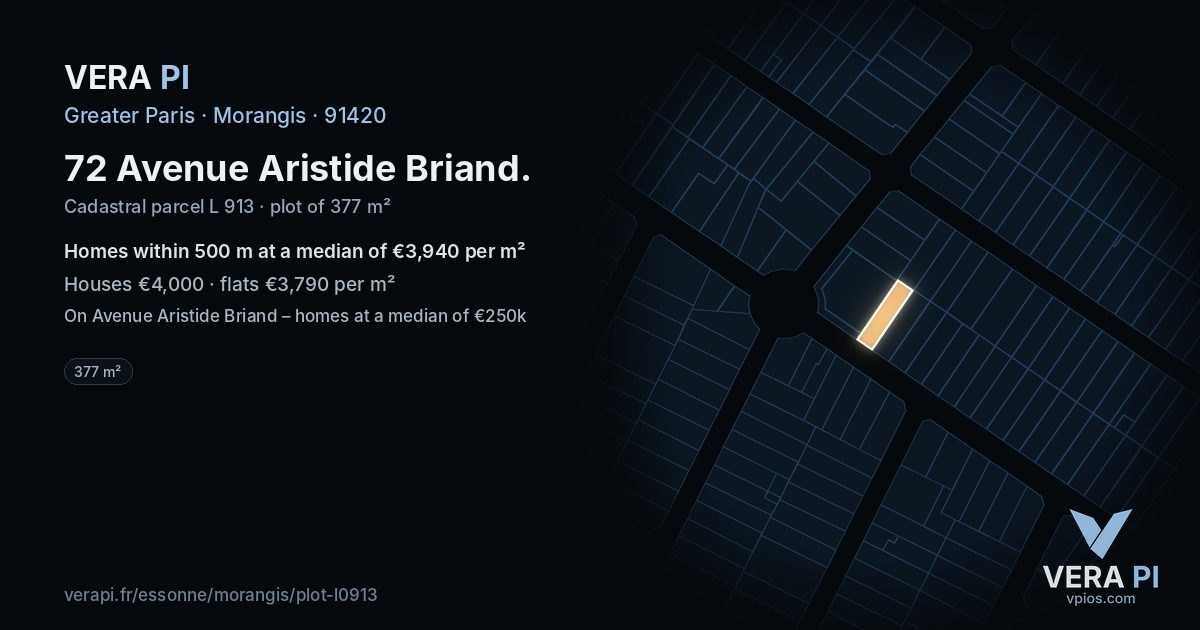 72 Avenue Aristide Briand, Morangis at night – the plot lit, the parcels around coloured by the prices near them