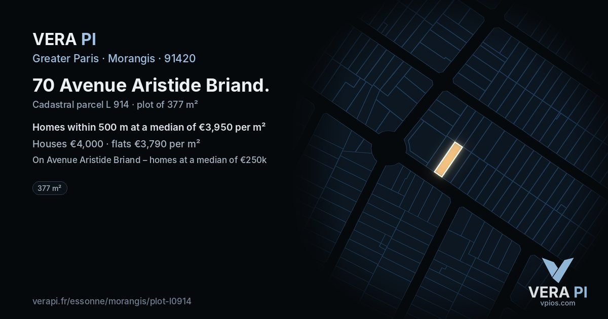 70 Avenue Aristide Briand, Morangis at night – the plot lit, the parcels around coloured by the prices near them