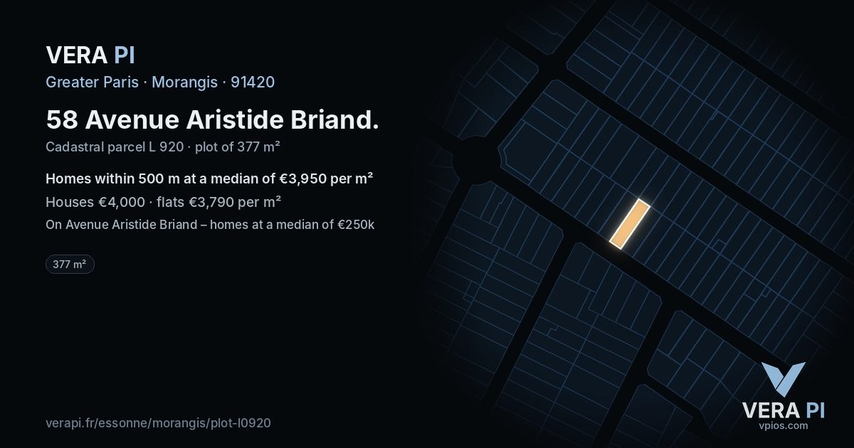 58 Avenue Aristide Briand, Morangis at night – the plot lit, the parcels around coloured by the prices near them