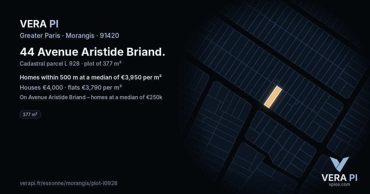 44 Avenue Aristide Briand, Morangis at night – the plot lit, the parcels around coloured by the prices near them