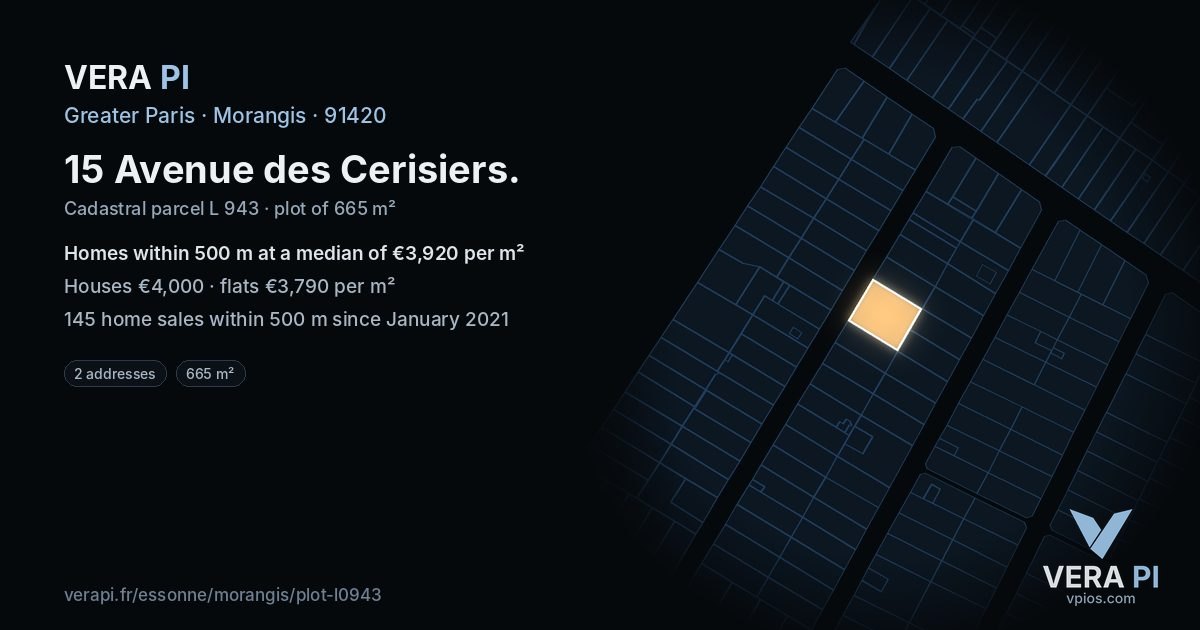 15 Avenue des Cerisiers, Morangis at night – the plot lit, the parcels around coloured by the prices near them