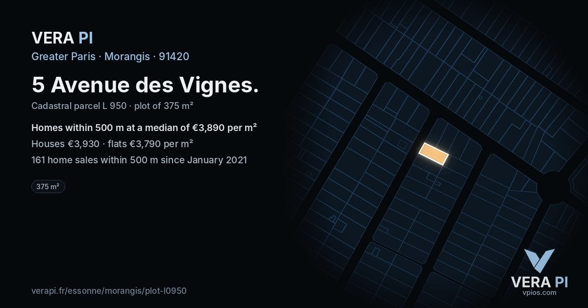 5 Avenue des Vignes, Morangis at night – the plot lit, the parcels around coloured by the prices near them