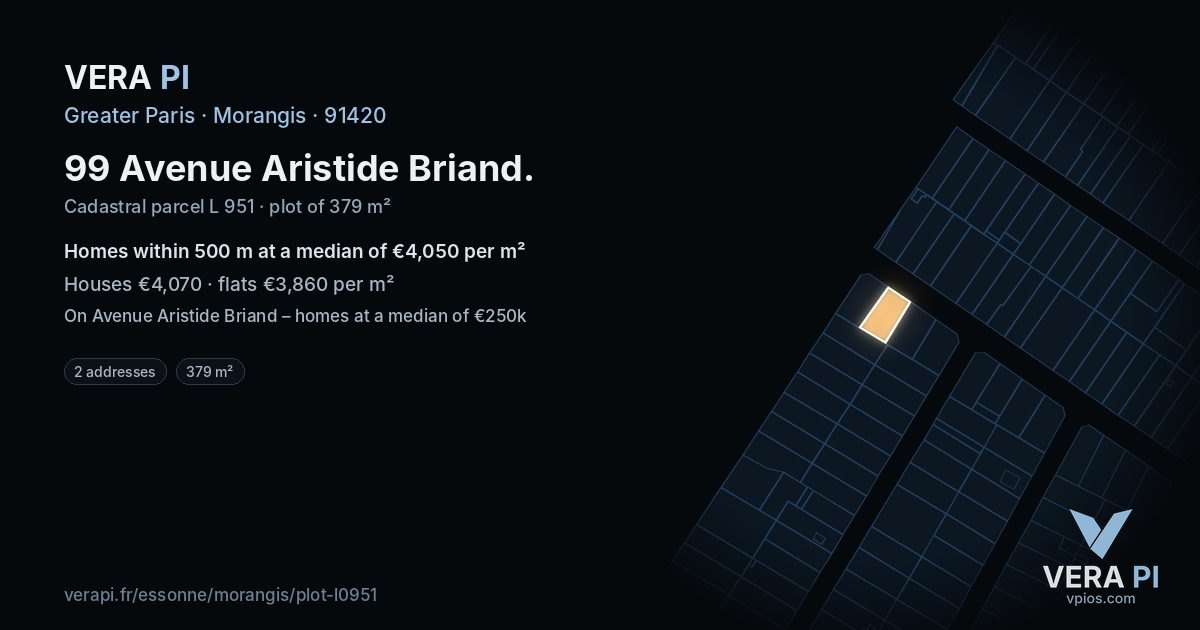 99 Avenue Aristide Briand, Morangis at night – the plot lit, the parcels around coloured by the prices near them