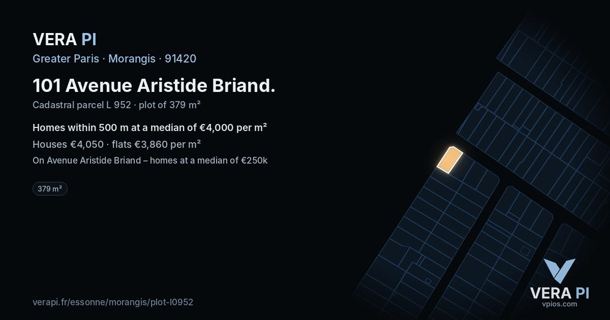 101 Avenue Aristide Briand, Morangis at night – the plot lit, the parcels around coloured by the prices near them