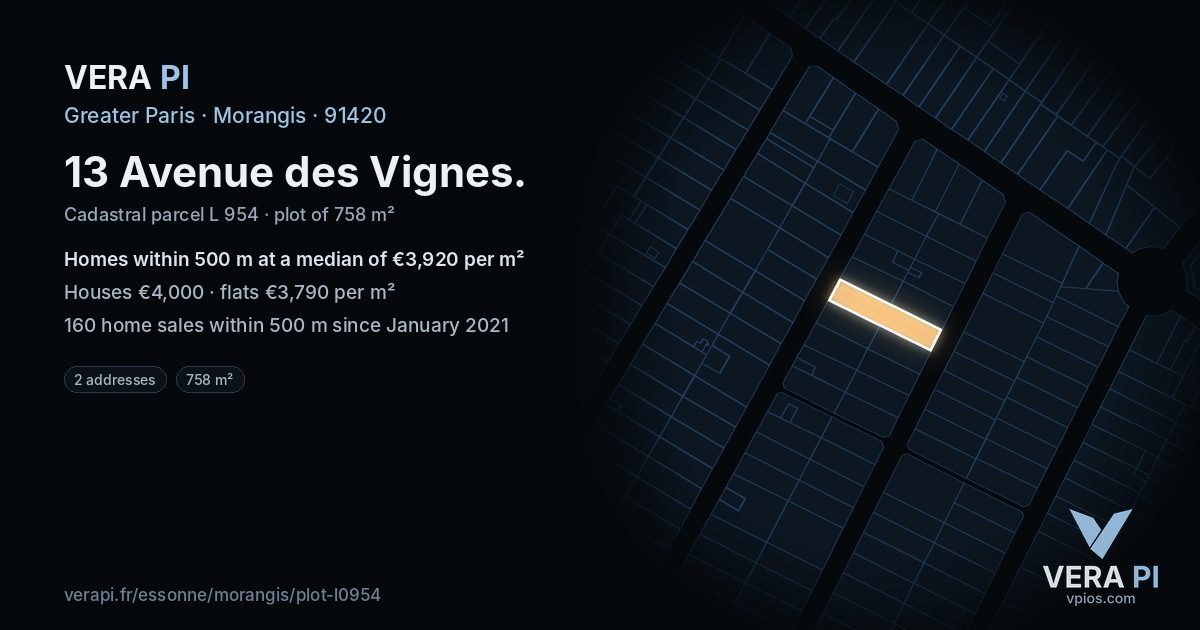 13 Avenue des Vignes, Morangis at night – the plot lit, the parcels around coloured by the prices near them