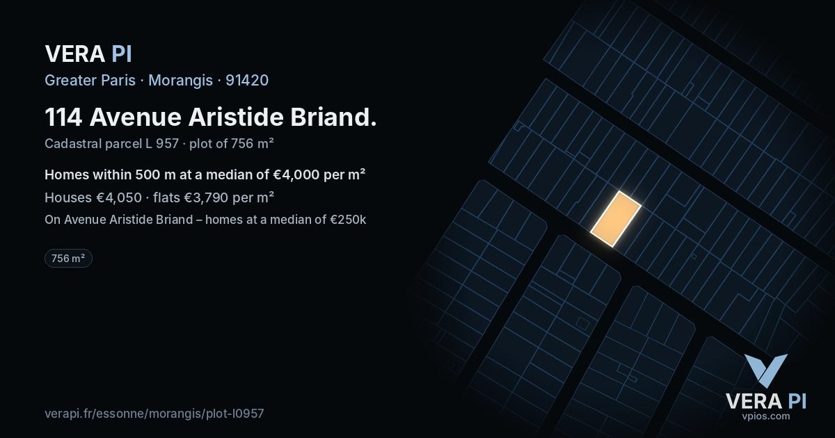 114 Avenue Aristide Briand, Morangis at night – the plot lit, the parcels around coloured by the prices near them